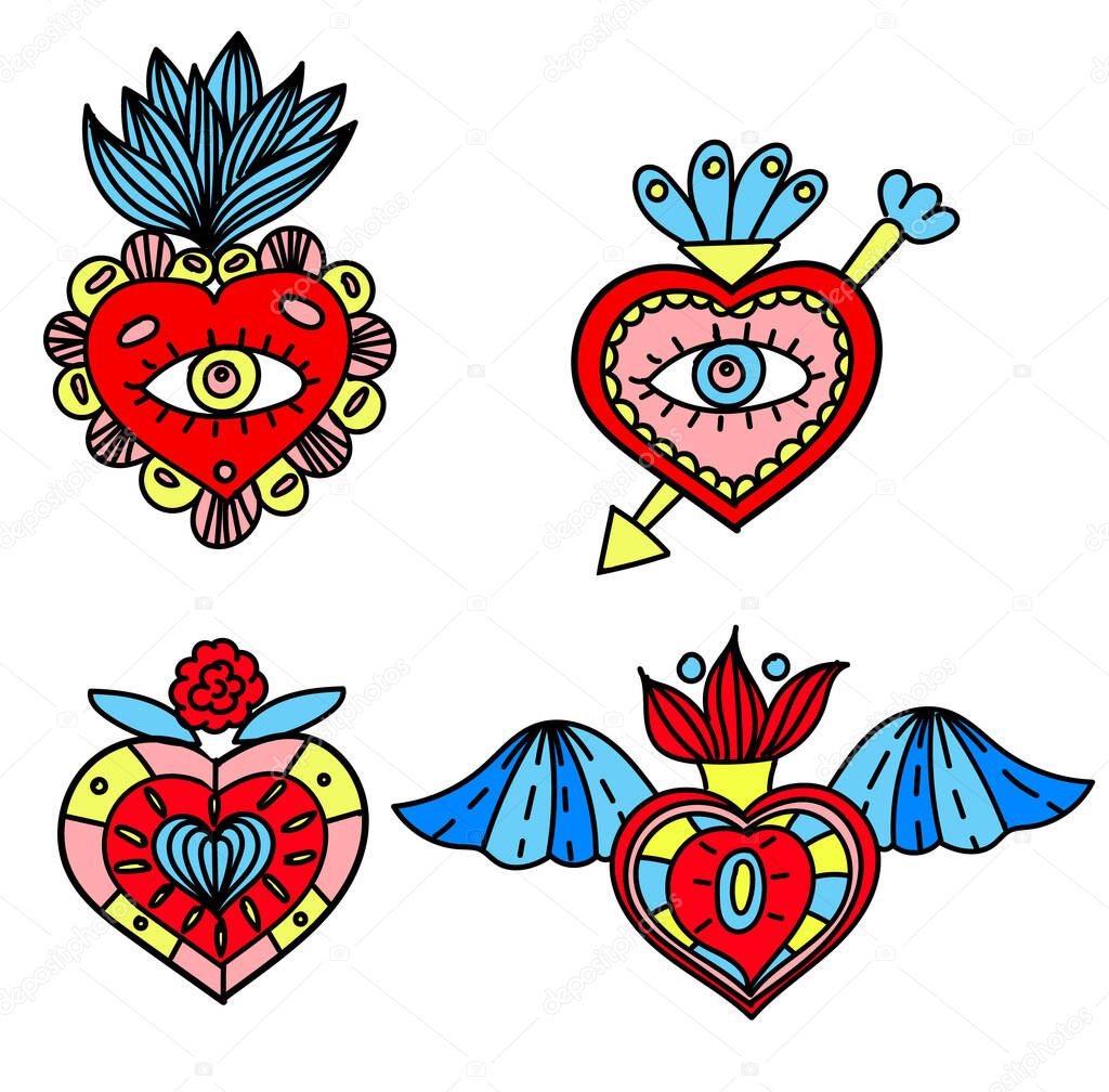 Set of sacred mexican hearts. Doodle style vector
