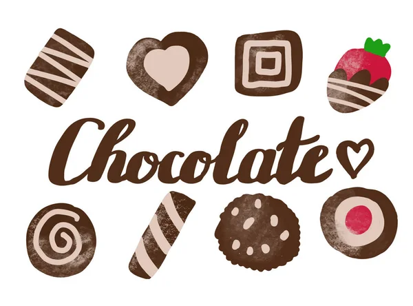 Set Van Chocolade Zoetigheden Chocolade Belettering Geïsoleerd Wit — Stockvector