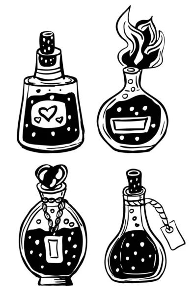 Hand Drawn Magic Bottles Isolated White — Stock Vector