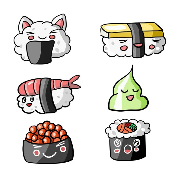 Ładny zestaw sushi ilustracji. Kawaii jedzenie emoji — Wektor stockowy