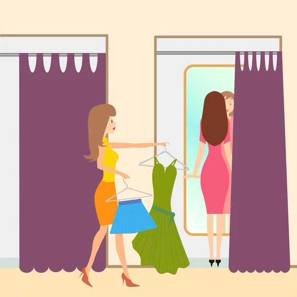 Two girls in a fitting room — Stock Vector