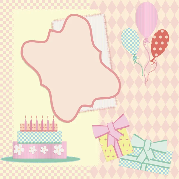 Geburtstagsrahmen mit Kuchen, Luftballons und Geschenk — Stockvektor