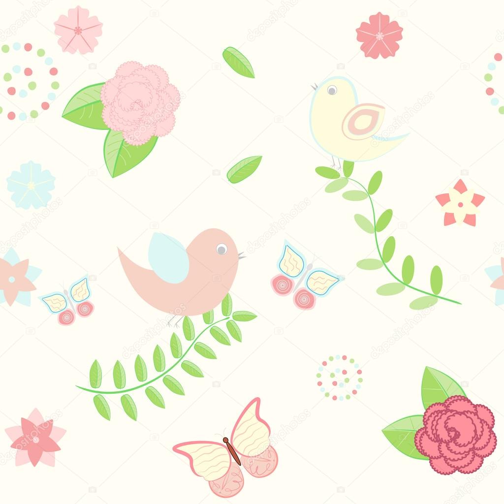 Background with birds, butterflies and flowers
