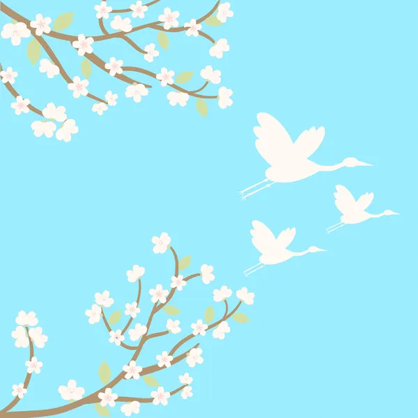 Fondo con sakura y grúas — Vector de stock