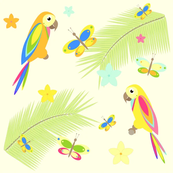 Fundo sem costura com palmeira e papagaios — Vetor de Stock