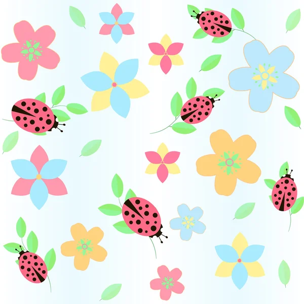 Fondo con flores y Mariquita — Vector de stock