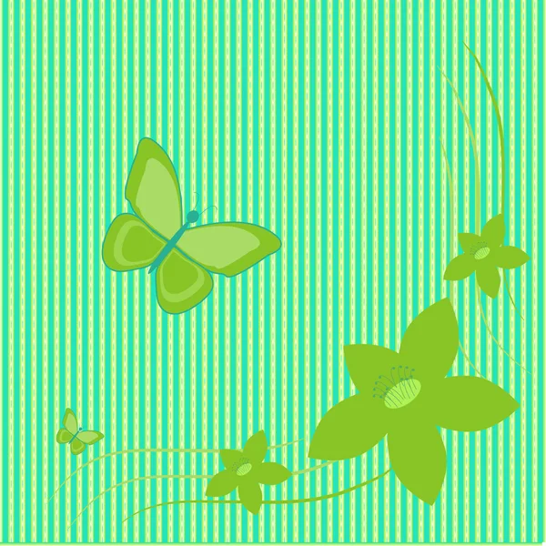 Yeşil çiçekler ve kelebekler yeşil zemin üzerine — Stok Vektör