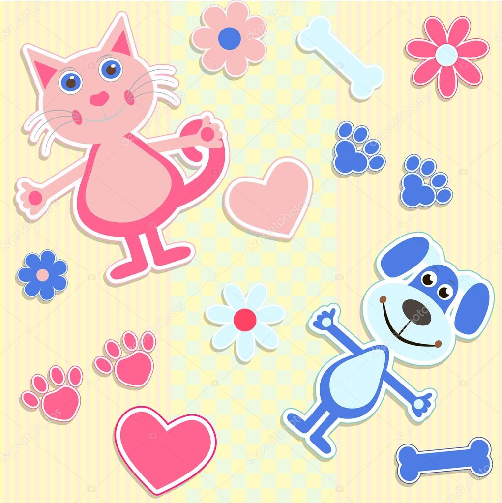 Seamless background with cats, dogs and heart