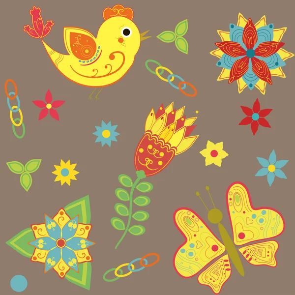Contexte avec des oiseaux, des papillons et des fleurs — Image vectorielle