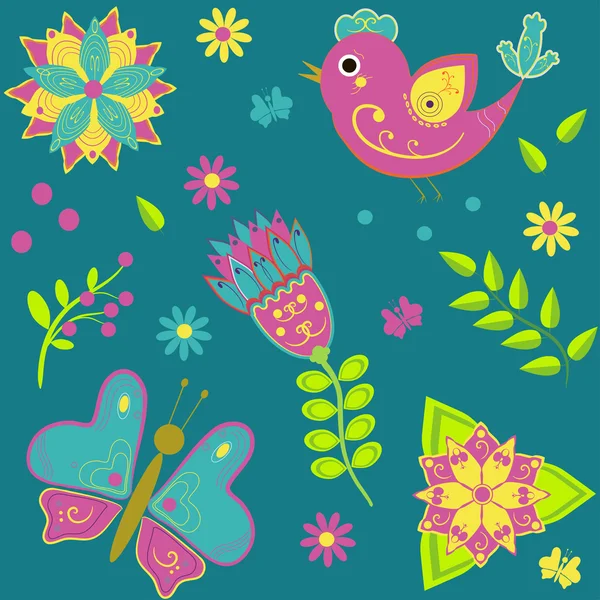 Fondo con aves, mariposas y flores — Vector de stock