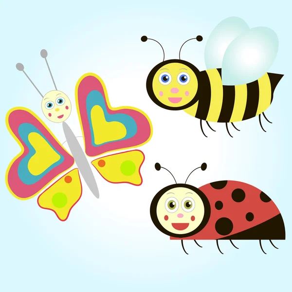 Kupu-kupu kartun, ladybird dan lebah - Stok Vektor