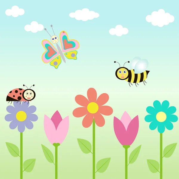 Bakgrund med blommor och fjärilar — Stock vektor