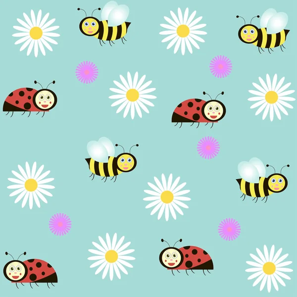 Hintergrund mit Marienkäfern, Bienen und Kamillen — Stockvektor