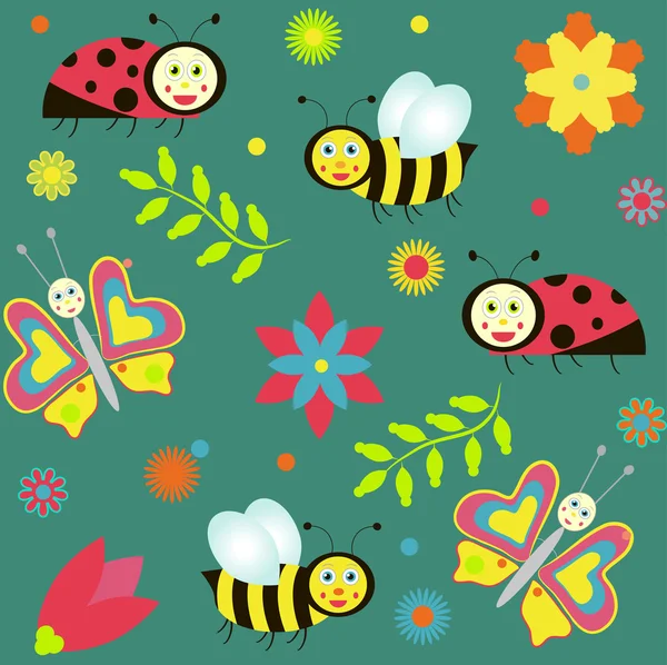 Background with ladybirds, butterflies and bees — Stock Vector