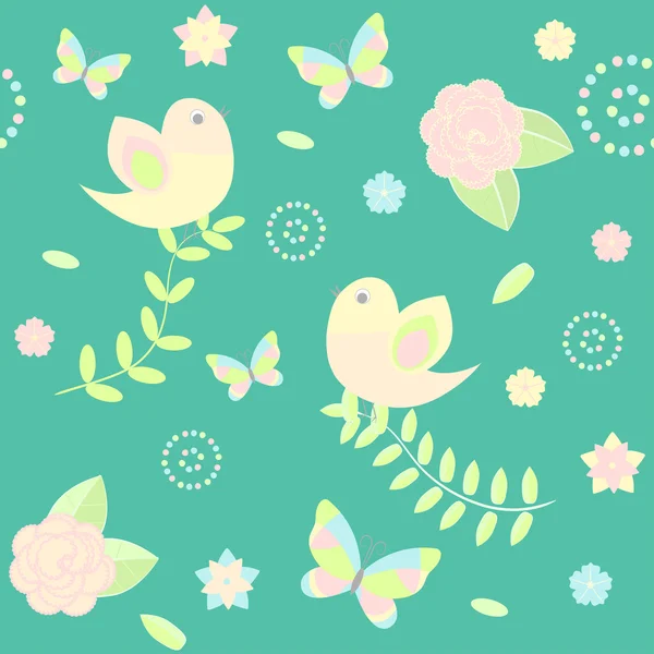 Φόντο με πουλιά, λουλούδια και πεταλούδες — Διανυσματικό Αρχείο