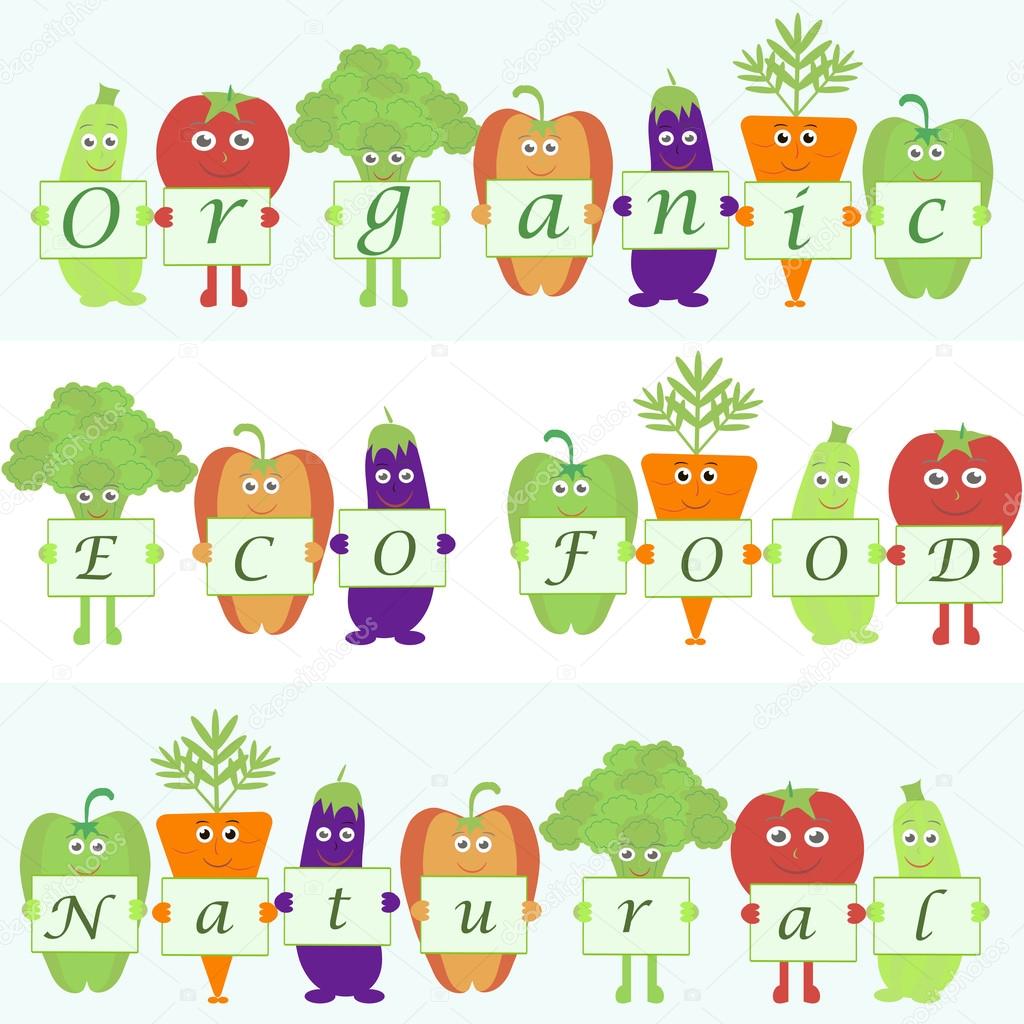 Cartoon vegetables with words organic, natural