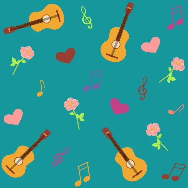 Seamless musical pattern with guitars and roses — Stock Vector