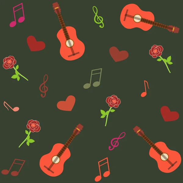 Seamless musical pattern with guitars and roses — Stock Vector