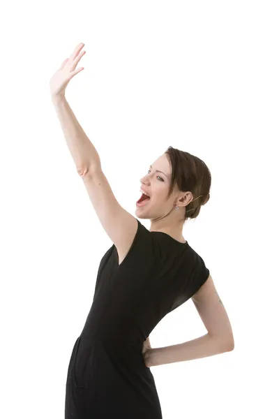 Sonriente jovencita saludando hola o adiós. Aislado sobre blanco — Foto de Stock