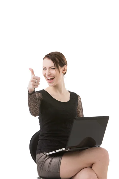 Usmívající se šťastná žena ukazuje palec. — Stock fotografie