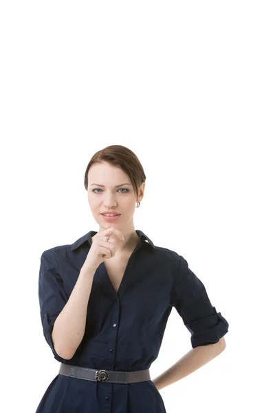 Mujer joven contemplando, aislada sobre blanco — Foto de Stock