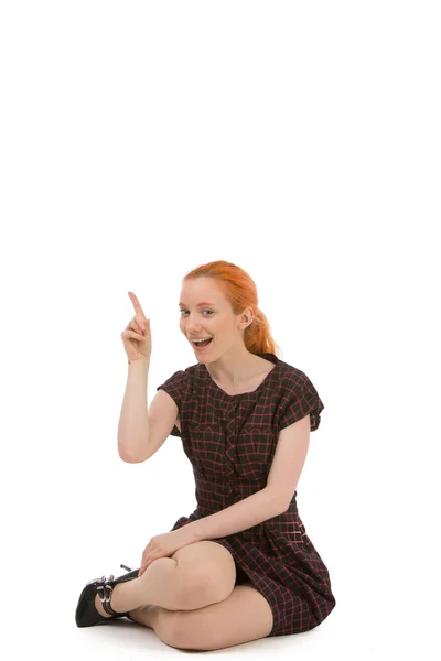Woman pointing to blank copyspace — Stock Photo, Image