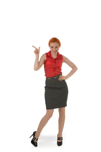 Stylish woman pointing to blank copyspace — Stock Photo, Image