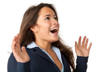 genç kadın sürpriz, beyaz zemin üzerine izole