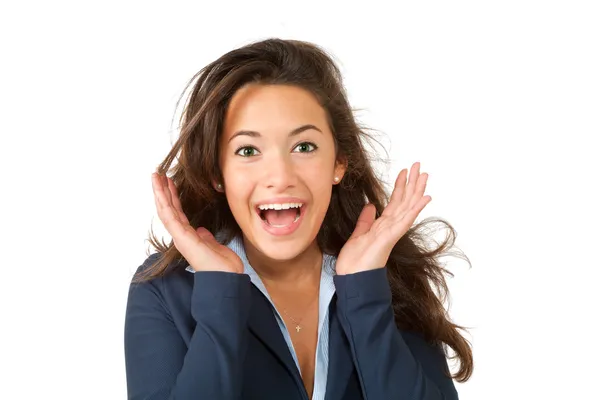 Young woman surprise, isolated on white background — Stock Photo, Image