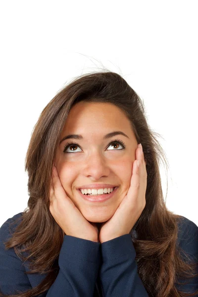 Menina bonita feliz em um fundo branco — Fotografia de Stock