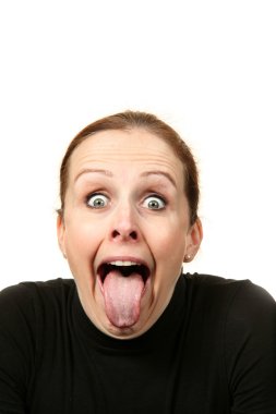 Close-up portrait of a woman with tongue out over a white background clipart