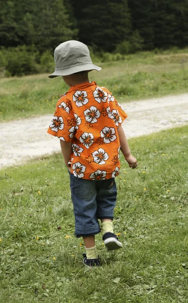 Kind wandelen op gazon — Stockfoto