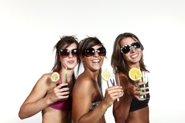 Three girls have fun at the party, studio portrait clipart