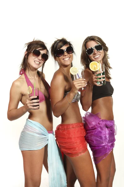 Three girls have fun at the party, studio portrait — Stock Photo, Image