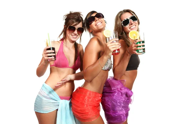 Three girls have fun at the party, studio portrait — Stock Photo, Image