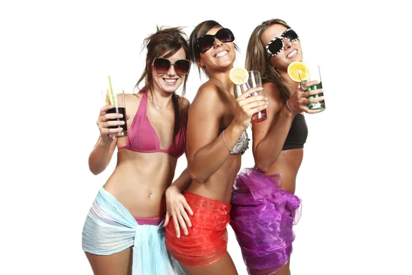 Three girls have fun at the party, studio portrait — Stock Photo, Image