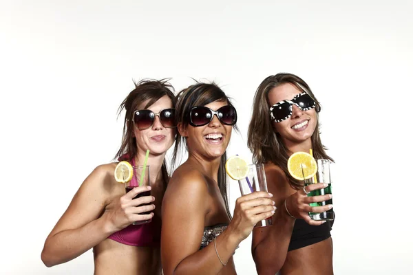 Three girls have fun at the party, studio portrait — Stock Photo, Image