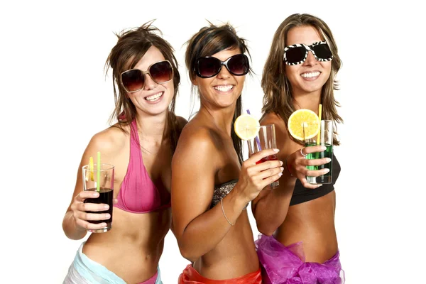 Three girls have fun at the party, studio portrait — Stock Photo, Image