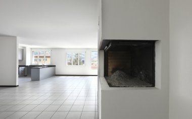 yeni bir daire, beyaz boş oda yere döşenir.