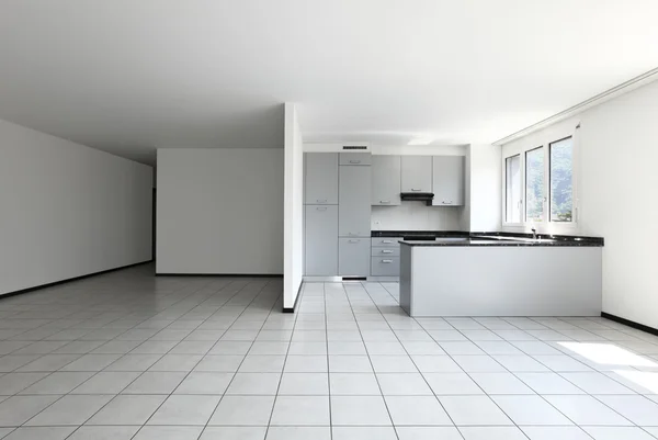 Vista desde la cocina de un nuevo apartamento, muebles grises — Foto de Stock