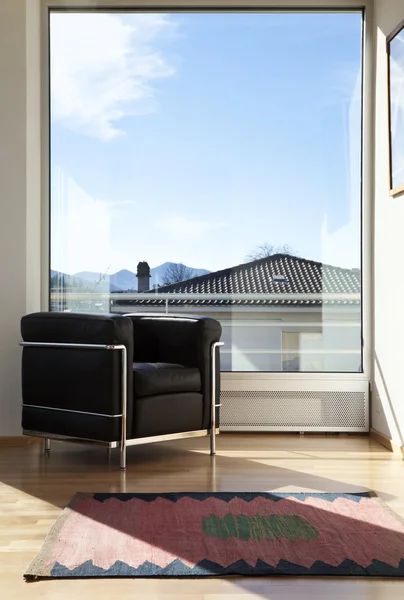 Interior of a modern apartment, room with panoramic window — Stock Photo, Image