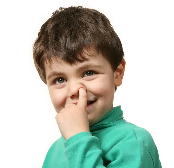 Retrato de niño con el dedo en la nariz — Foto de Stock