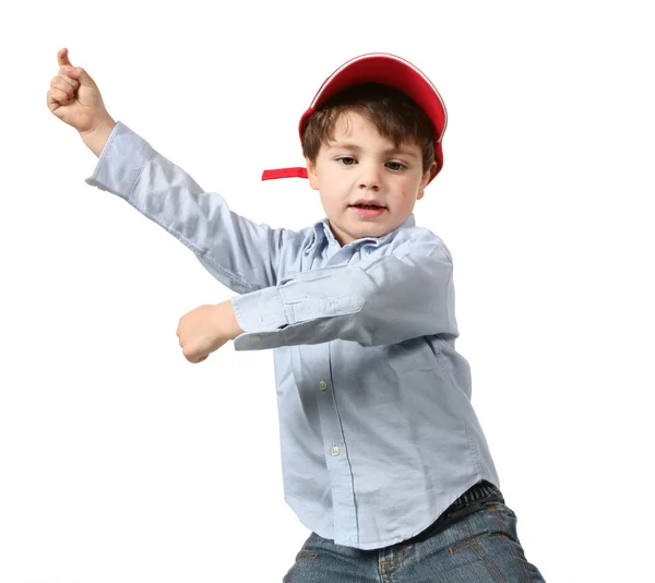 Portret van kleine jongen in rode dop — Stockfoto