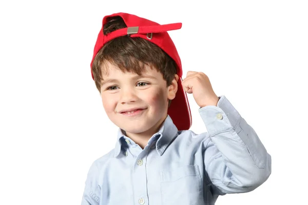 Portret van kleine jongen in rode dop — Stockfoto