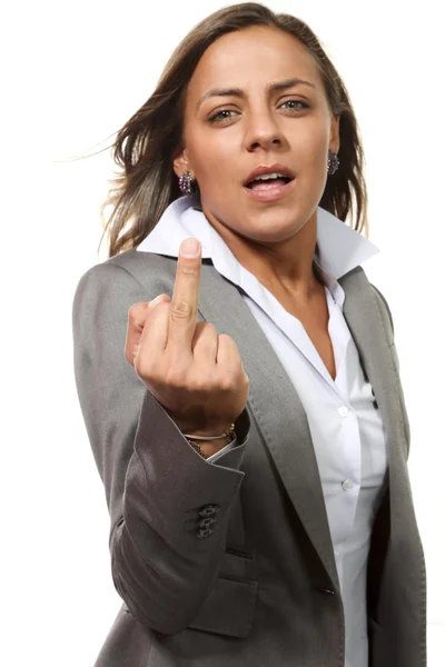 Young businesswoman showing middle finger — Stock Photo, Image