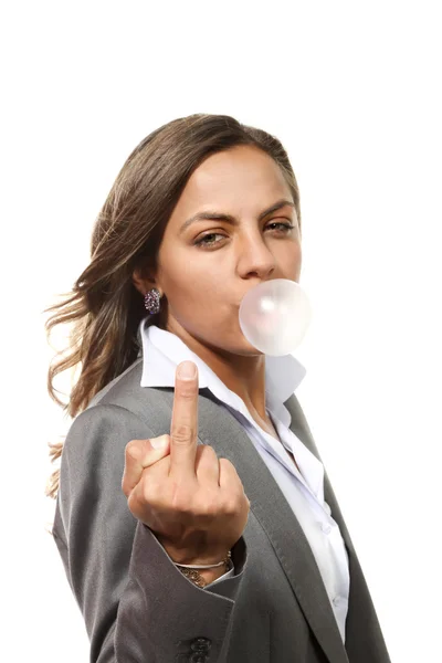 Young businesswoman showing middle finger — Stock Photo, Image