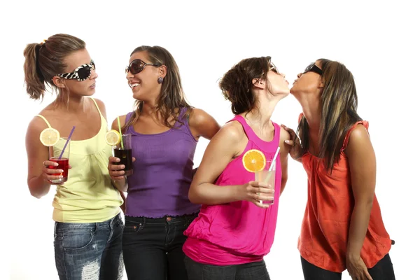 Four girls fun with a drink — Stock Photo, Image