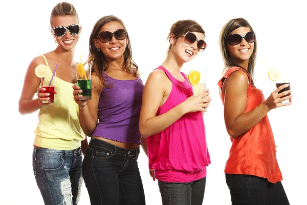 Four girls fun with a drink — Stock Photo, Image