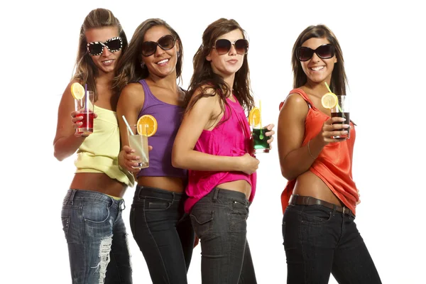 Four girls fun with a drink — Stock Photo, Image