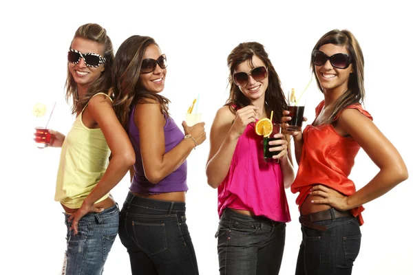 Four girls fun with a drink — Stock Photo, Image